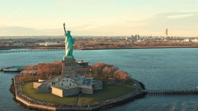 Slow drone rotation around The Statue of Liberty. The Statue of Liberty (Liberty Enlightening the World) is a colossal neoclassical sculpture on Liberty Island in New York Harbor.