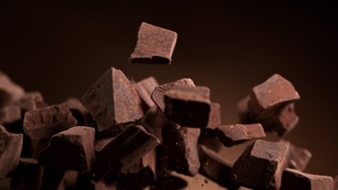 Super Slow Motion Shot of Raw Chocolate Chunks after Being Exploded at 1000fps.