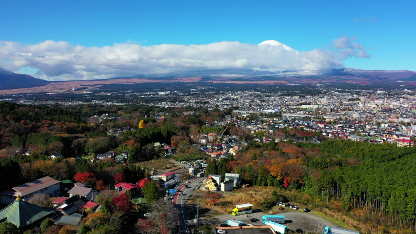 Aerial view of Fuji mountains and Gotemba city over Heiwa koen. | Shutterstock HD Video #1042166221