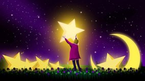 cute girl collecting stars and moon in the garden, best loop video background for lullabies to put a baby go to sleep and calming, relaxing.