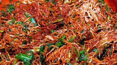 Korean food : Kimchi seasoning. It is the process of making kimchi seasoning. Mix together the ingredients for the kimchi.