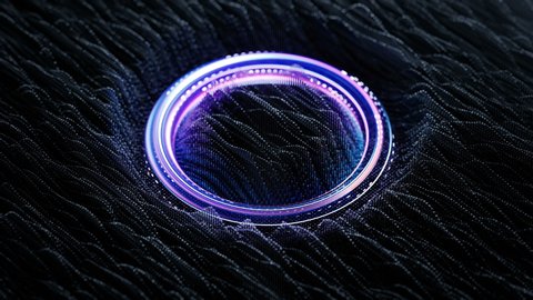 Three dimensional wave vibrations and purple glowing ring. Science fiction or futuristic technology concept. Seamless loop 3D render animation with depth of field