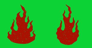 Animation of burning fire isolated on green background.