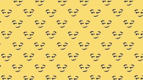 A funny animation: a repeated pattern of a smirking face,ing towards the upper left angle of the screen; yellow background.