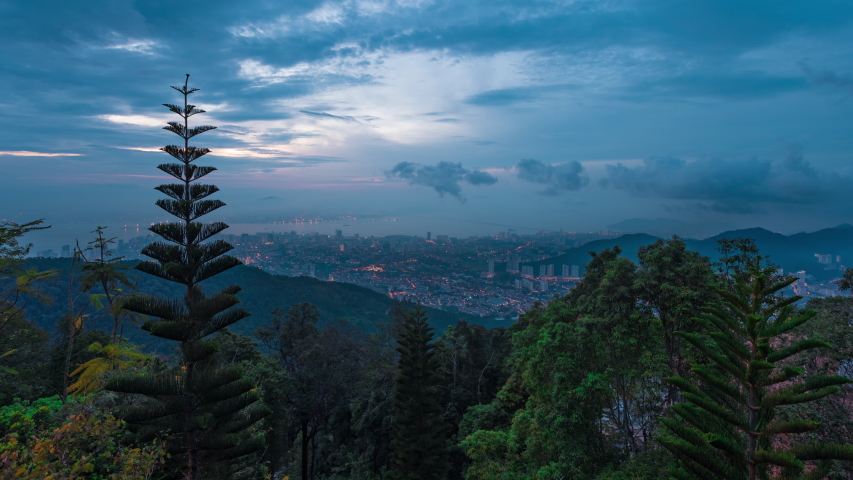 Beautiful view of George Town from Penang Hill at sunrise time. Timelapse