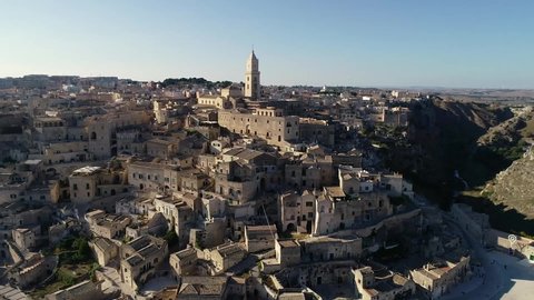 the ancient village of Matera recorded with drone very close. The small town is located on a hill, the sassi and rupestrian churches were named world heritage site.