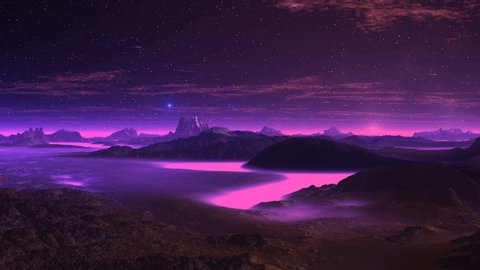 Gloomy Planet and the UFOs. Mountains, rivers, horizon are covered with dense lilac fog. Bright blue objects (ufos) fly over the landscape. The dark starry sky floating clouds. Bright sun rises.