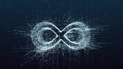 Digital infinity sign consisting of symbols and numbers. The electronic infinity of the future. The concept of unlimited Internet. Constant development of computer technologies and innovations.