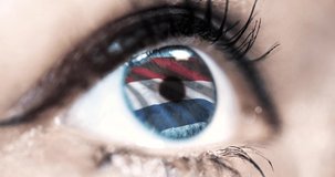 woman blue eye in close up with the flag of netherlands in iris with wind motion. video concept