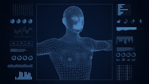 Analysis of human anatomy. Body scan on futuristic medical interface showing infographics data and statistics. Digital display of medicine and healthcare research.
