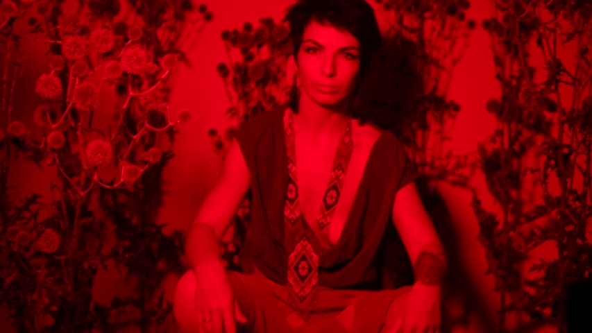 Girl dancing sitting on a chair in red light in a nightclub. Around the girl are prickly plants.