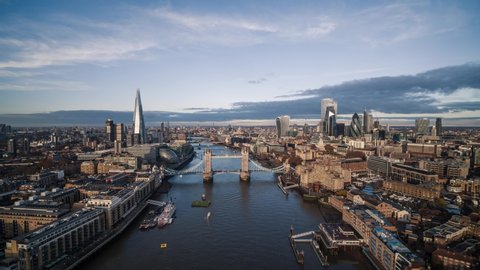 Establishing Aerial View of London Skyline, Tower Bridge, United Kingdom
