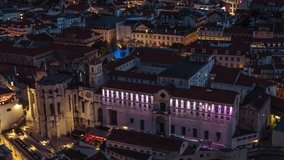 Establishing Aerial View of Lisbon at night, Lisboa, Old Town, Portugal