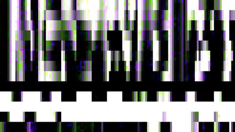 Pixel glitch effect background. The running lines of the black, white and violet squares imitate the look of the screen of an old TV.