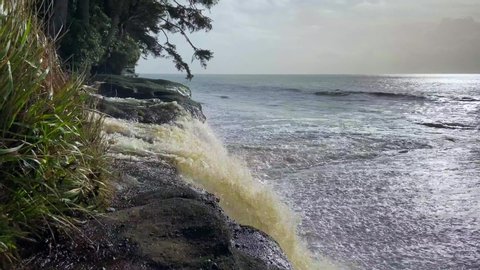 Jordan River, British Columbia / Canada - 11/21/19: Sandcut Beach is known for it's waterfall, (when it's been raining) and has spectacular views of the Olympic Peninsula. ( when it's not raining )