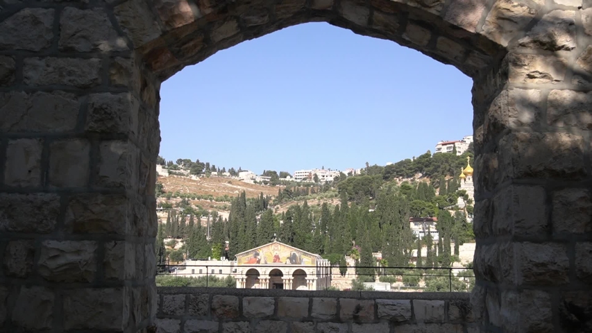 Jerusalem, Israel - October 2018: View on the All Nations and Maria Magdalena churches