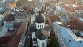 Aerial video of Church in central part of old city of Lviv, Ukraine