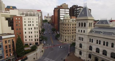 Lowering aerial view of downtown Albany, New York