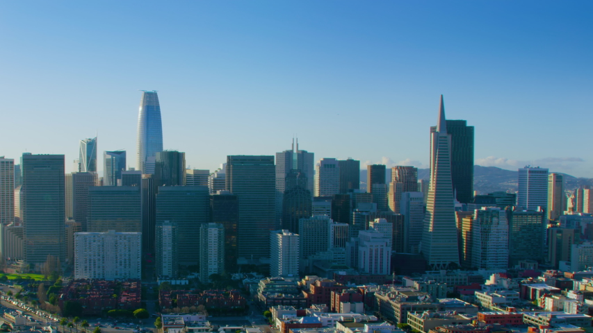
Great aerial view of San Francisco skyscrapers. City skyline, piers and bridges. California, United States. Shot on Red weapon 8K.