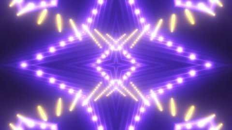 VJ Fractal color kaleidoscopic background. Background violet and gold motion with fractal design on black background. Disco spectrum lights concert spot bulb. Light Tunnel. Seamless loop. 4k