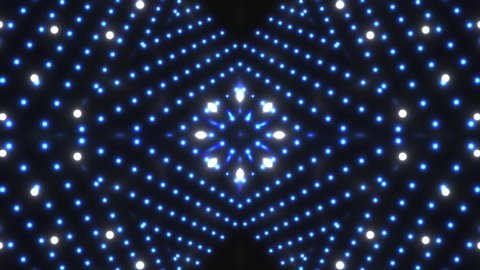 VJ Fractal color kaleidoscopic background. Background blue and gold motion with fractal design on black background. Disco spectrum lights concert spot bulb. Light Tunnel. Seamless loop. 4k