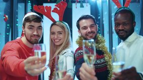 Attractive carefree data center workers enjoying corporate party together. Happy smiling young people friends celebrating Christmas winter holidays inside database. - Powered by Shutterstock - Get 15% off with code: PIKWIZARD15