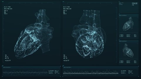 Heart scan screen animation. Blood pressure and heart rate are displayed on a modern and high-tech screen. Health data. Diagnosis of diseases. The future of MRI video. 4K Quality footage 