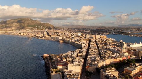 trapani city aerial view drone flying orbit over old town