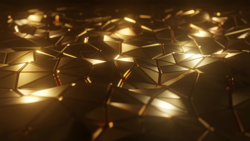 Abstract 3D visualization of a geometric low-poly golden surface. Computer animation loop. Modern background with polygonal gold shape. Loopable motion design 4k UHD Royalty-Free Stock Footage #1042243459