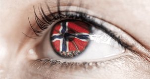 woman green eye in close up with the flag of norway in iris with wind motion. video concept