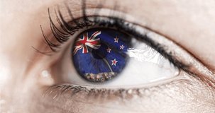 woman green eye in close up with the flag of new zealand in iris with wind motion. video concept