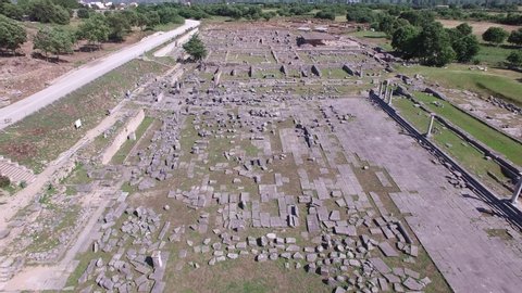 Drone flying over ruins of Ancient Philippi. Greece. 