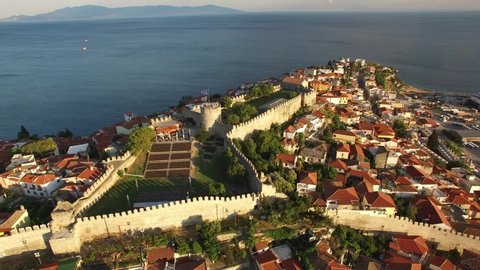 Aerial of Kavala Bay and ancient Castle in Kavala City. Greece.