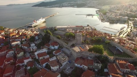 Aerial of ancient Castle and Port of Kavala City. Greece. 