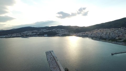 Aerial view of Kavala Bay and Port City. Greece. 