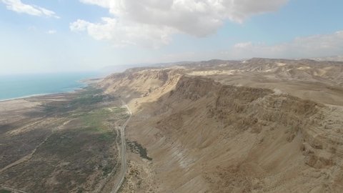 Aerial of Dead Sea mountains and Judean Desert near Qumran.
