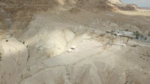 Aerial of Qumran archaeological site and tourist center. Israel. 