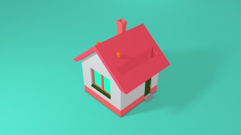 Piggy bank in the form of a house and falling gold coins. Computer generated a coin falling into house. 3d rendering isometric background