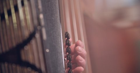 Close up slow motion shot, musician  playing accordion inside small inn, cottage, double bass in background, 4K.