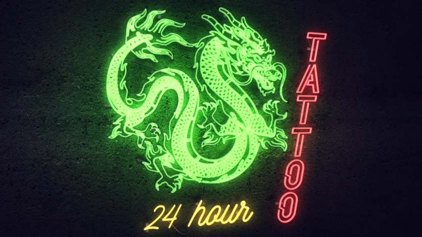 Realistic 3D render of a vivid and vibrant animated neon sign, with the words Tattoo 24 Hour flashing illuminated, with a concrete wall background