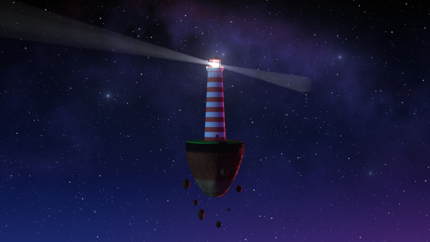 Lighthouse on a piece of ground floating in space in the center of the frame, looped animation, 3D render