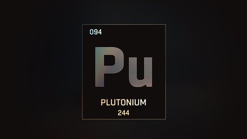 Plutonium as Element 94 of the Periodic Table. Seamlessly looping 3D animation on grey illuminated atom design background with orbiting electrons. Design shows name, atomic weight and element number