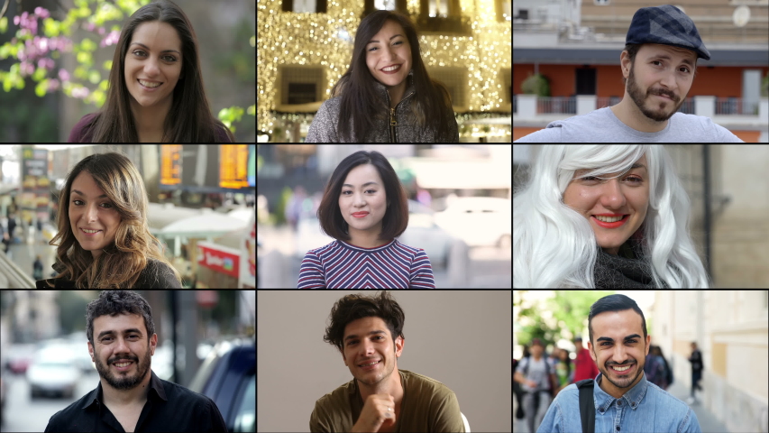 Multiscreen on youth, happiness, smiles.Young people smiling at camera | Shutterstock HD Video #1042273945
