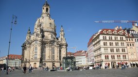 Frauenkirche cathedral in Dresden, Germany in summer, Sunny day and croud of tourists
