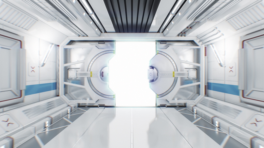 Moving Through the Abstract Spaceship Tunnel to Opening Gateway. 3d Animation with Alpha Mask. Beautiful Futuristic Interior of Spaceship with Opening Door to White Light.  4k Ultra HD 3840x2160. Royalty-Free Stock Footage #1042282186