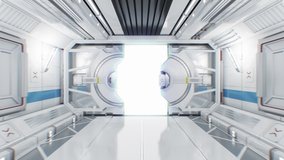Moving Through the Abstract Spaceship Tunnel to Opening Gateway. 3d Animation with Alpha Mask. Beautiful Futuristic Interior of Spaceship with Opening Door to White Light.  4k Ultra HD 3840x2160. - Powered by Shutterstock - Get 15% off with code: PIKWIZARD15