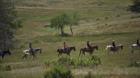 Estes Park , CO / United States - 03 27 2019: Group of tourists go horseback riding in national park