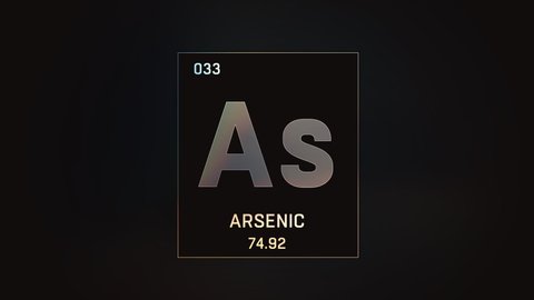 Arsenic as Element 33 of the Periodic Table. Seamlessly looping 3D animation on grey illuminated atom design background with orbiting electrons. Design shows name, atomic weight and element number