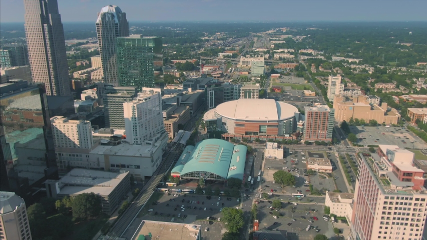 Aerial: downtown Charlotte buildings during the day.  North Carolina, USA. 10 August 2019