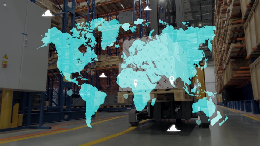 E-Logistics international delivery concept, World map with logistic network distribution on background, cargo ships delivery containers in port stock. background for Concept of fast or instant | Shutterstock HD Video #1042296301